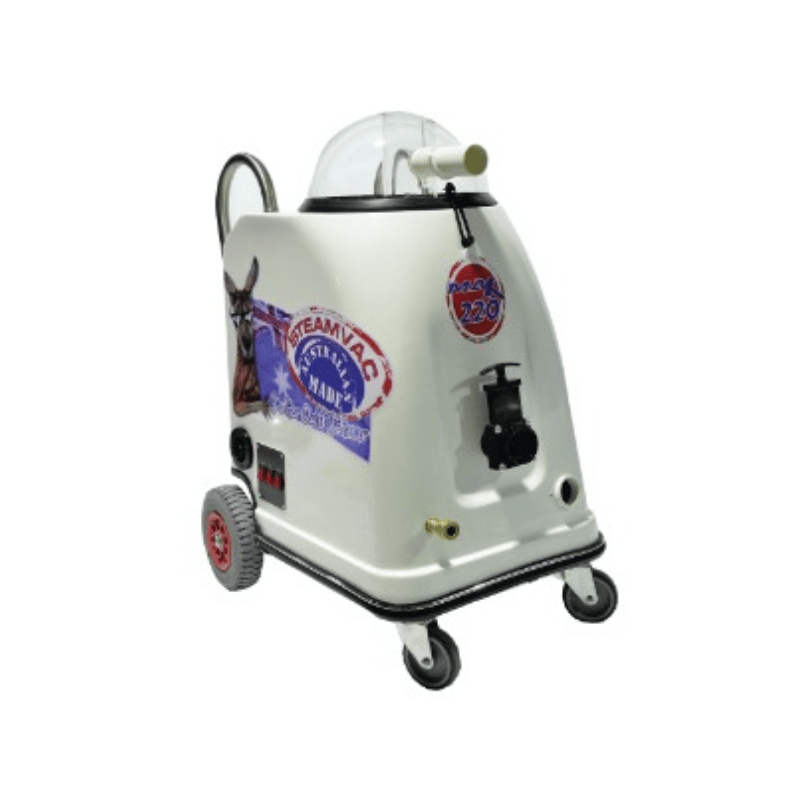 Steamvac Max 220 carpet extractor with white fibreglass tank, clear lid dome and wheeled base