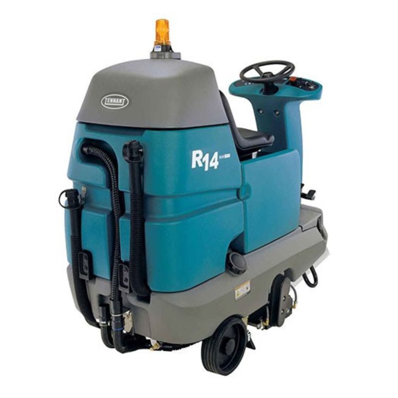 Tennant R14 Ride-On Carpet Extractor back angle view on white coloured background. 