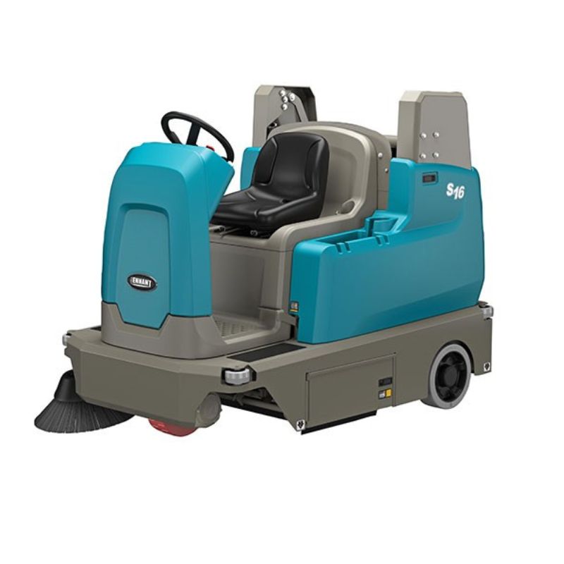 Tennant S16 Battery Powered Compact Ride-On Floor Sweeper in white background image