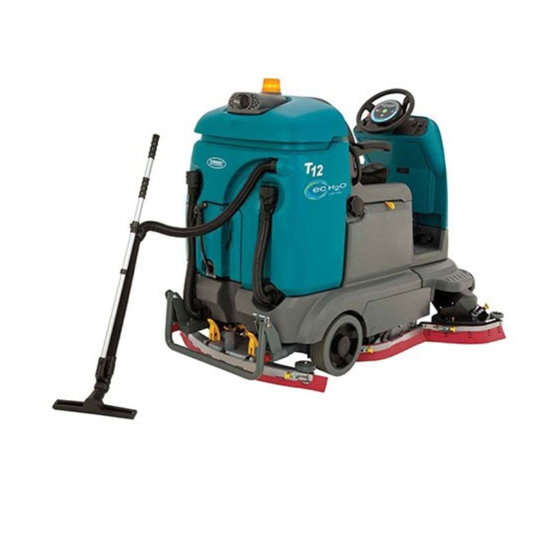 Tennant T12 Compact Ride-On Floor Scrubber front view back view