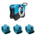 Water Damage Drying Pack: XPOWER XD-85LH blue LGR dehumidifier above three XPOWER X-800C air movers